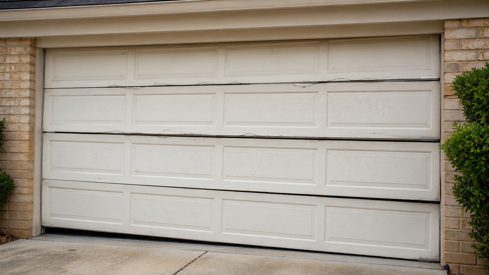 Damaged garage door panel showing visible wear or cracks
