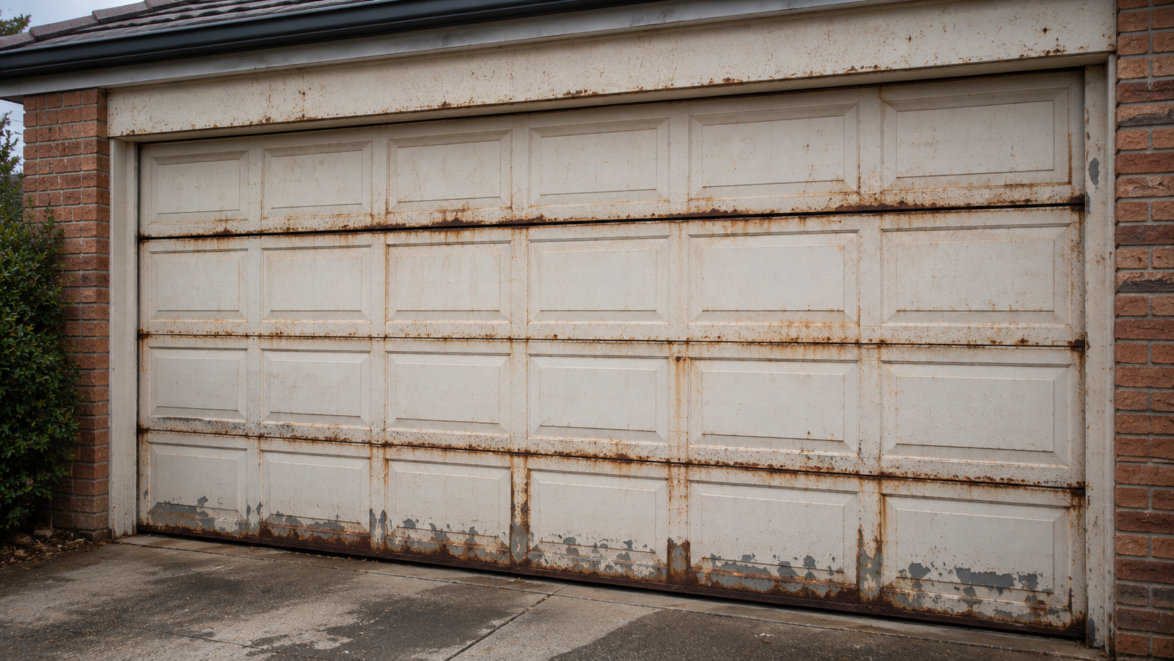 Old or rusty garage door with weather damage