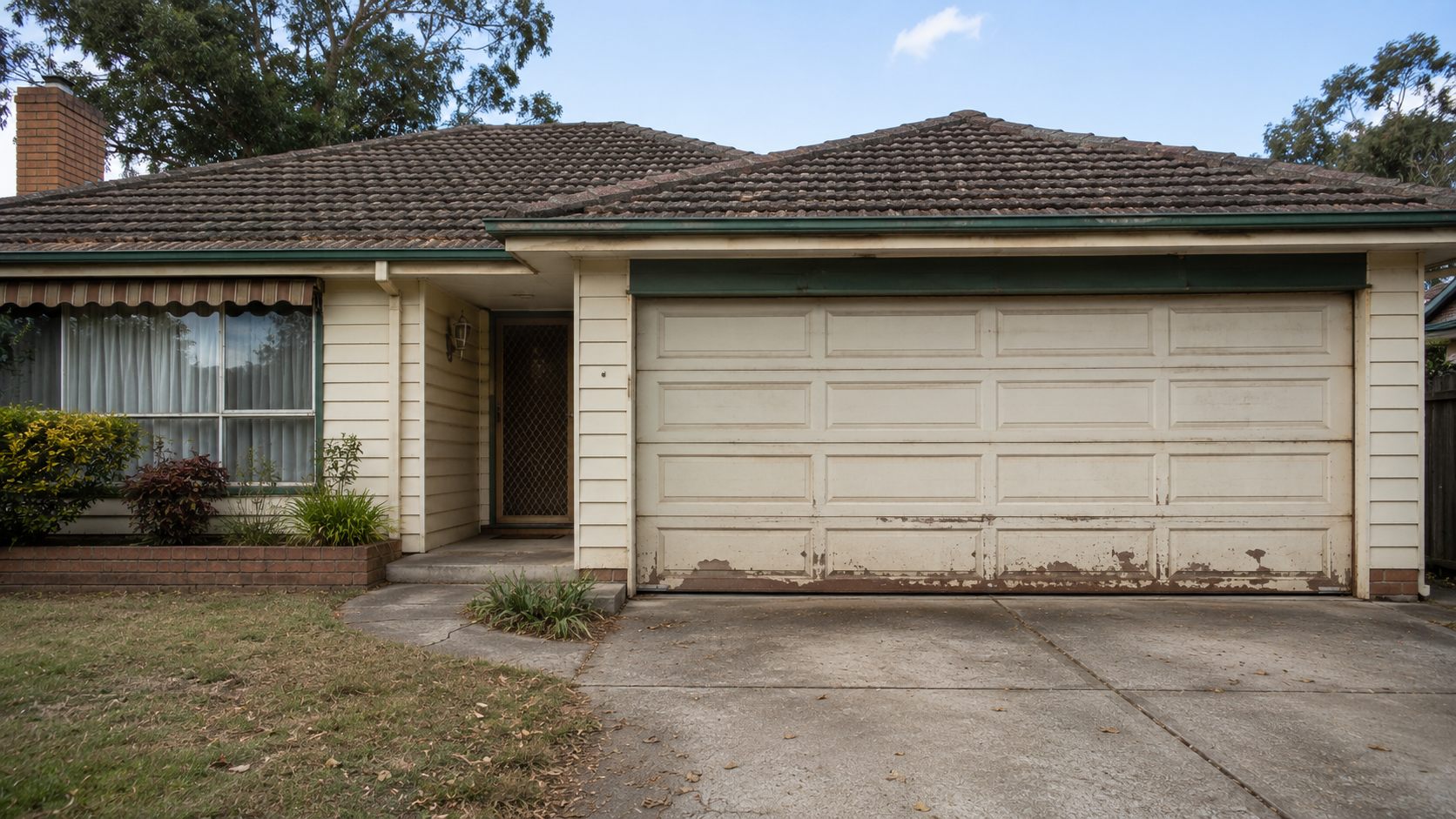 Older weathered garage door on a residential property