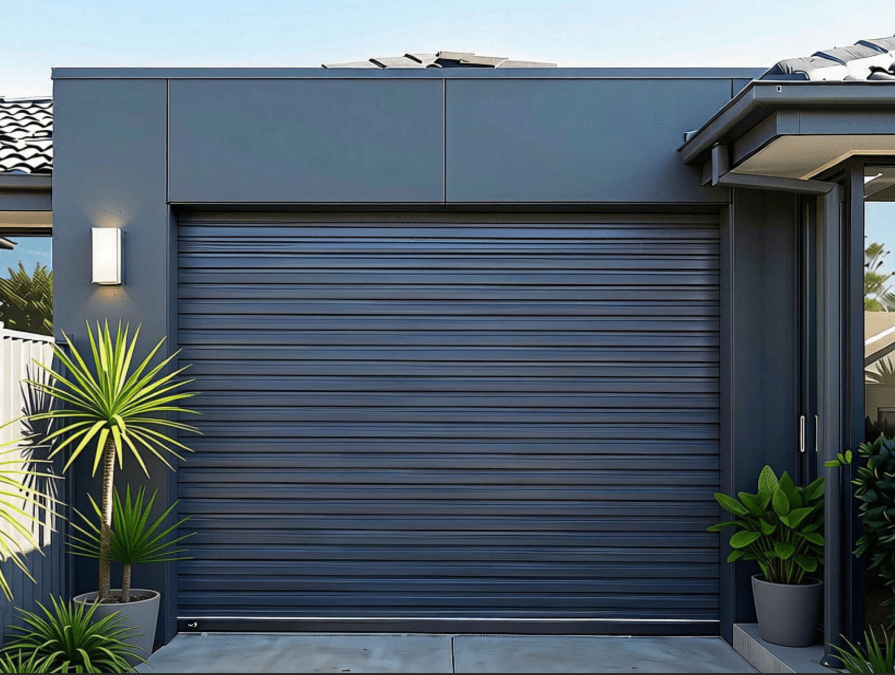 Dark grey Roll-A-Door Secure roller door on a modern home